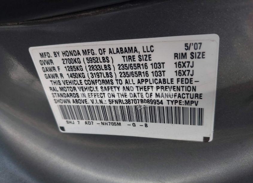 Photo 9 of 2007 Honda Odyssey EX-L (VIN 5FNRL38707B089954)