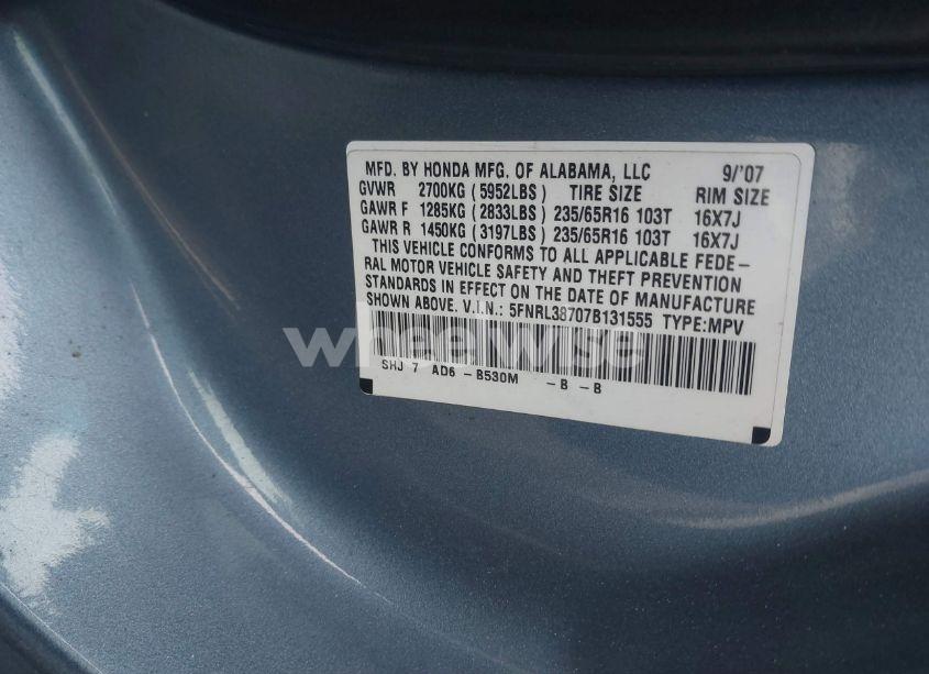 Photo 9 of 2007 Honda Odyssey EX-L (VIN 5FNRL38707B131555)
