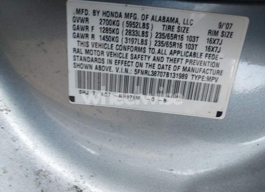 Photo 9 of 2007 Honda Odyssey EX-L (VIN 5FNRL38707B131989)