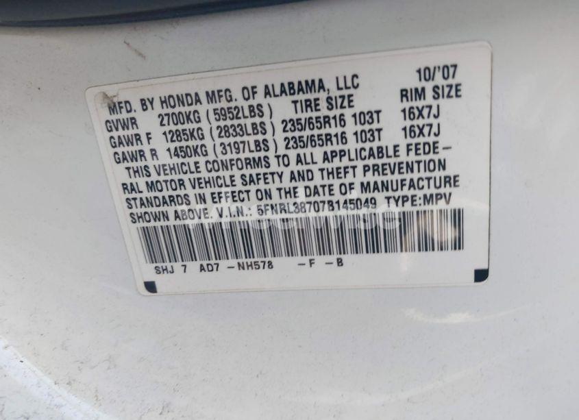 Photo 9 of 2007 Honda Odyssey EX-L (VIN 5FNRL38707B145049)