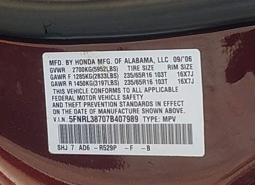 Photo 9 of 2007 Honda Odyssey EX-L (VIN 5FNRL38707B407989)