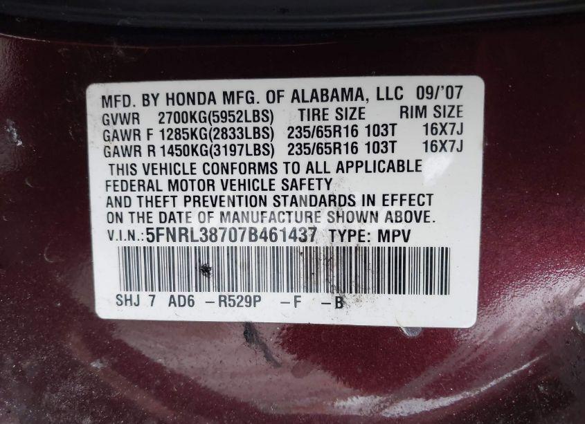 Photo 9 of 2007 Honda Odyssey EX-L (VIN 5FNRL38707B461437)