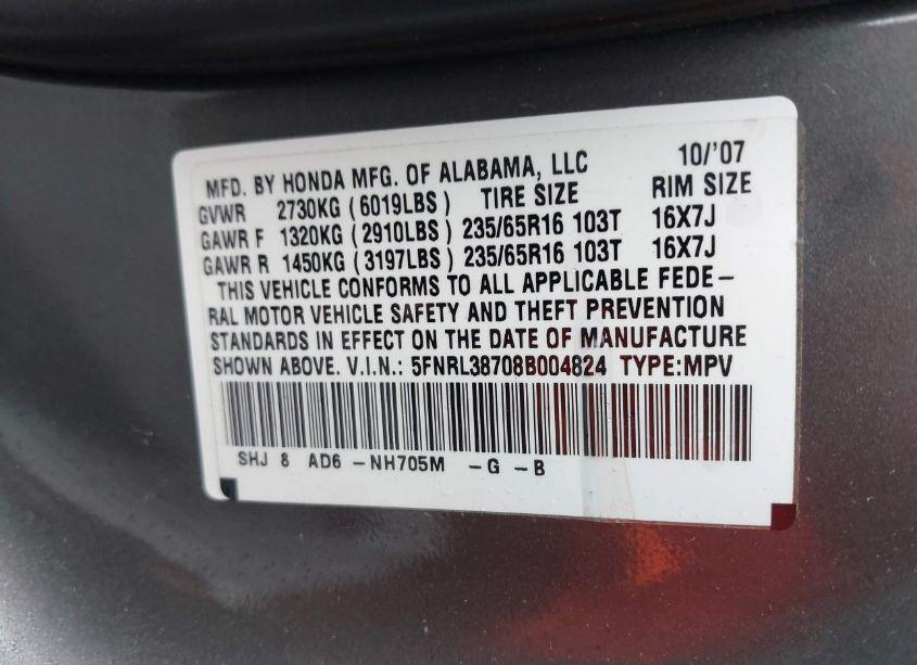 Photo 9 of 2008 Honda Odyssey EX-L (VIN 5FNRL38708B004824)