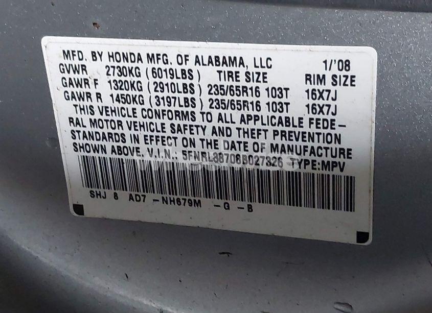 Photo 9 of 2008 Honda Odyssey EX-L (VIN 5FNRL38708B027326)