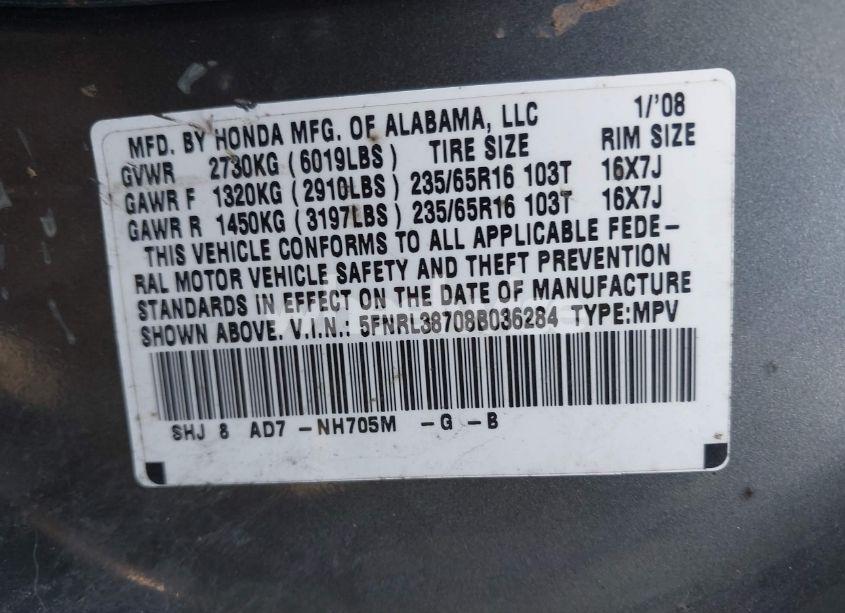 Photo 9 of 2008 Honda Odyssey EX-L (VIN 5FNRL38708B036284)