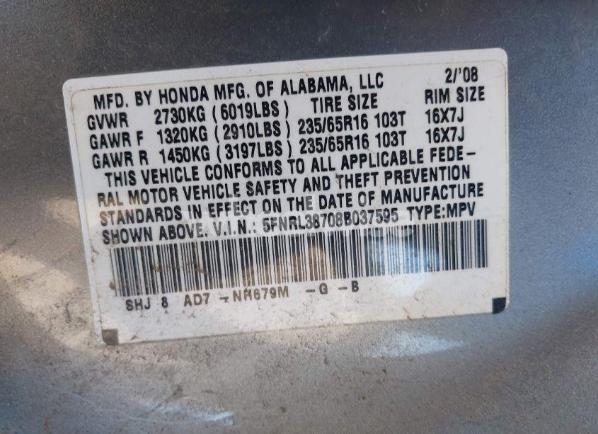 Photo 9 of 2008 Honda Odyssey EX-L (VIN 5FNRL38708B037595)