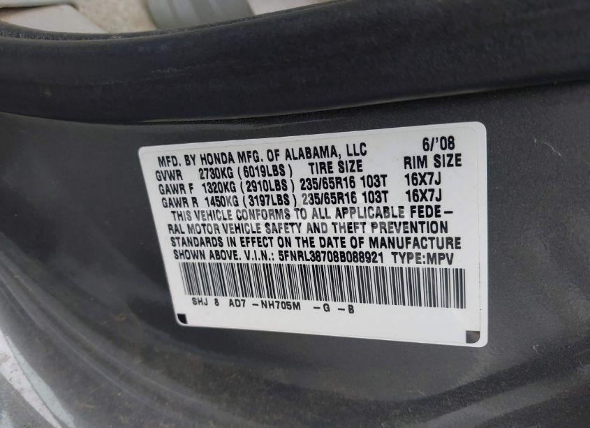 Photo 9 of 2008 Honda Odyssey EX-L (VIN 5FNRL38708B088921)