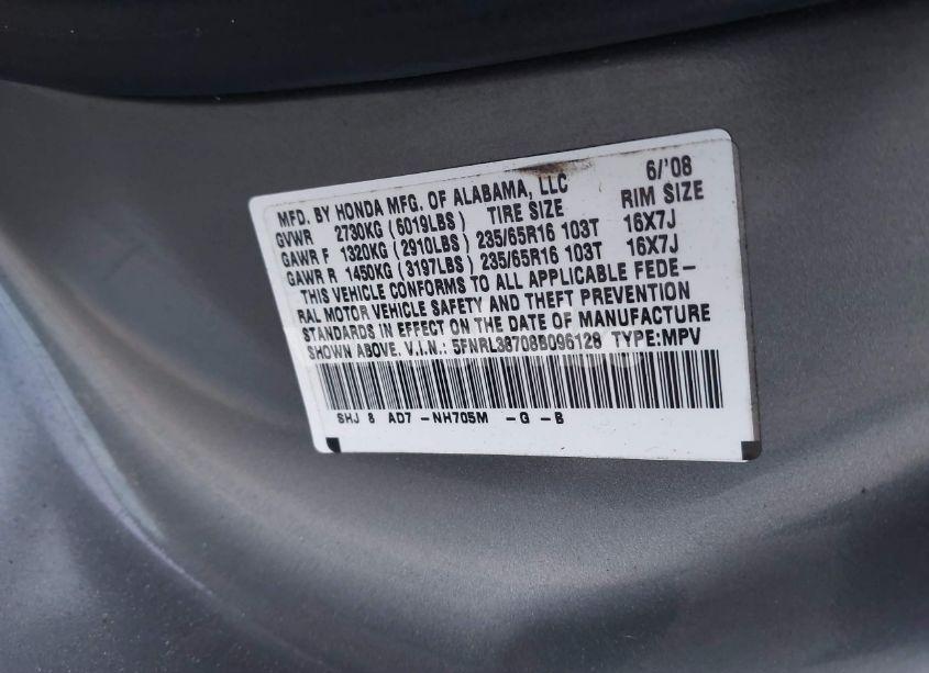 Photo 9 of 2008 Honda Odyssey EX-L (VIN 5FNRL38708B096128)