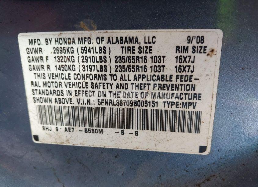 Photo 9 of 2009 Honda Odyssey EX-L (VIN 5FNRL38709B005151)