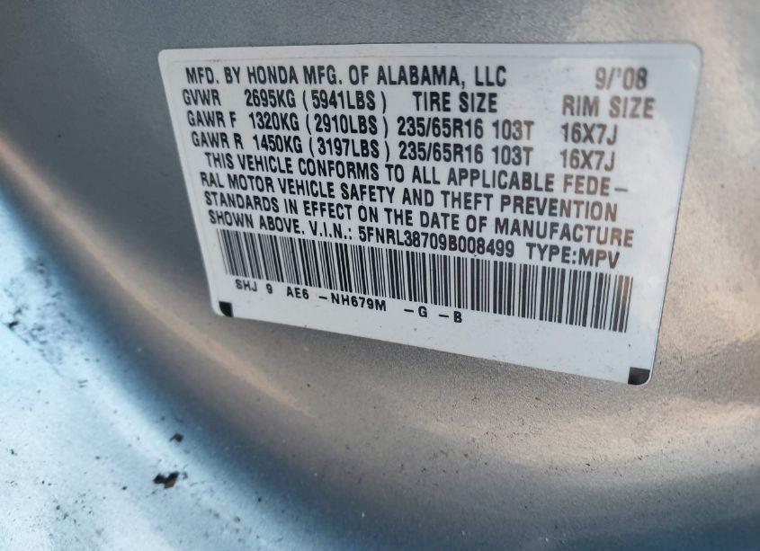 Photo 9 of 2009 Honda Odyssey EX-L (VIN 5FNRL38709B008499)