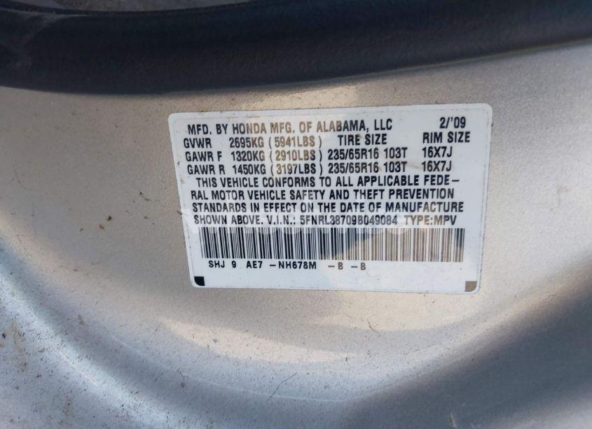 Photo 9 of 2009 Honda Odyssey EX-L (VIN 5FNRL38709B049084)