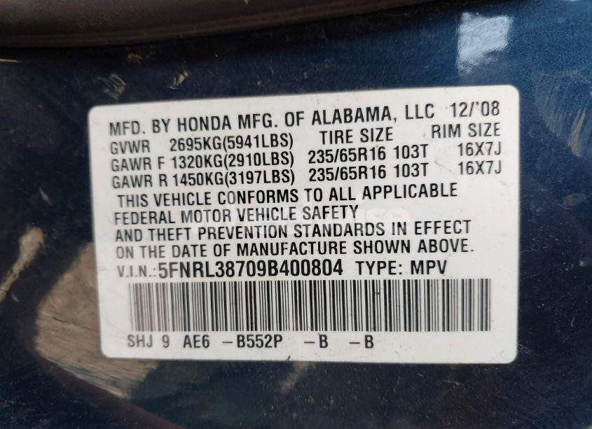 Photo 9 of 2009 Honda Odyssey EX-L (VIN 5FNRL38709B400804)