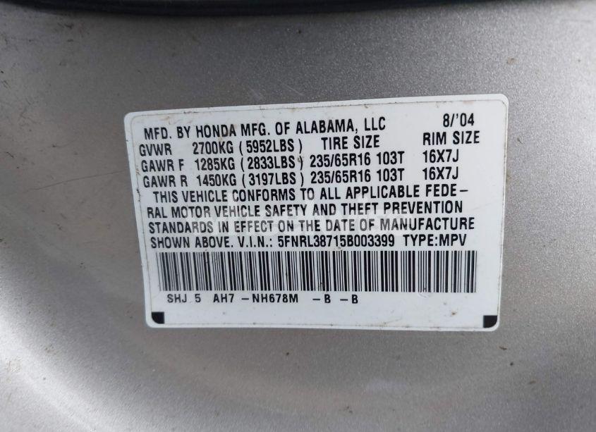 Photo 9 of 2005 Honda Odyssey EX-L (VIN 5FNRL38715B003399)