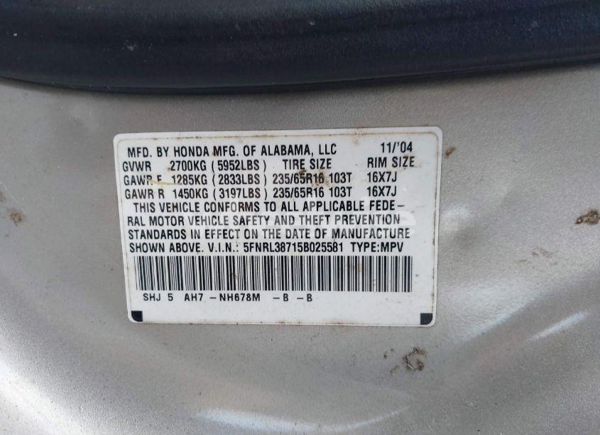 Photo 9 of 2005 Honda Odyssey EX-L (VIN 5FNRL38715B025581)