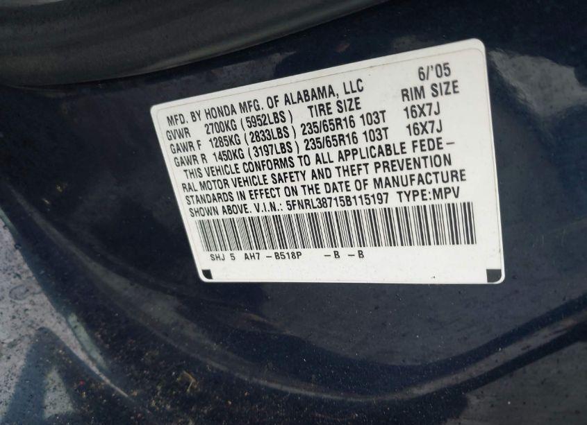 Photo 9 of 2005 Honda Odyssey EX-L (VIN 5FNRL38715B115197)
