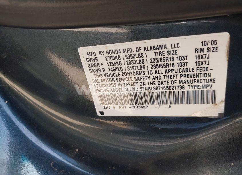 Photo 9 of 2006 Honda Odyssey EX-L (VIN 5FNRL38716B027798)