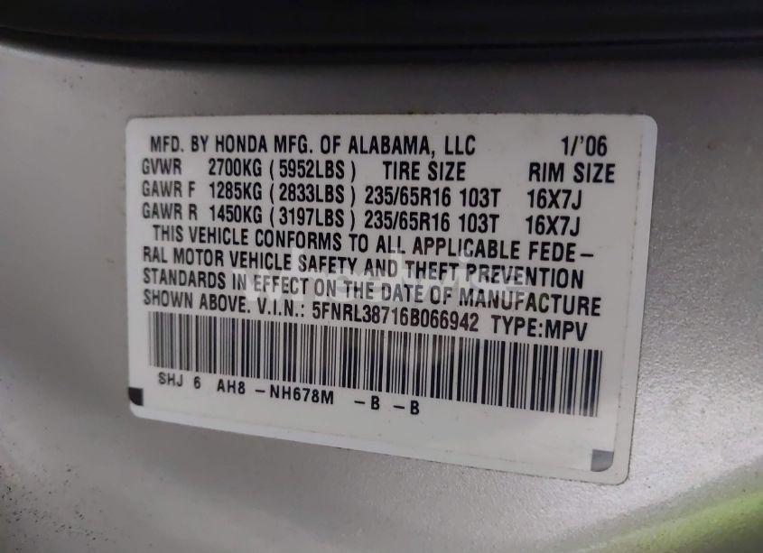 Photo 9 of 2006 Honda Odyssey EX-L (VIN 5FNRL38716B066942)