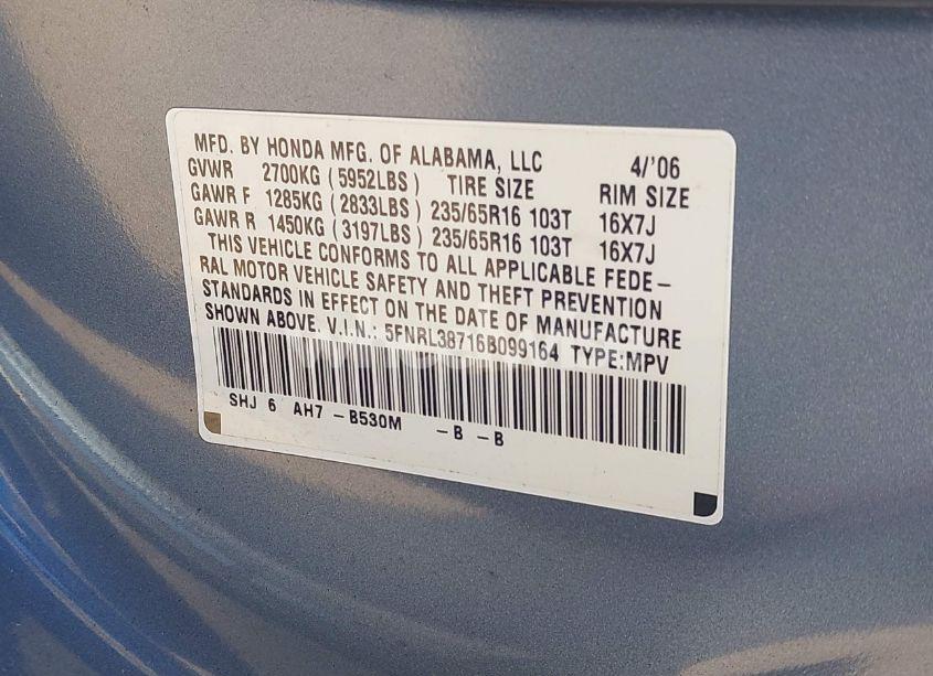 Photo 9 of 2006 Honda Odyssey EX-L (VIN 5FNRL38716B099164)