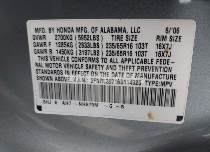Photo 9 of 2006 Honda Odyssey EX-L (VIN 5FNRL38716B114925)