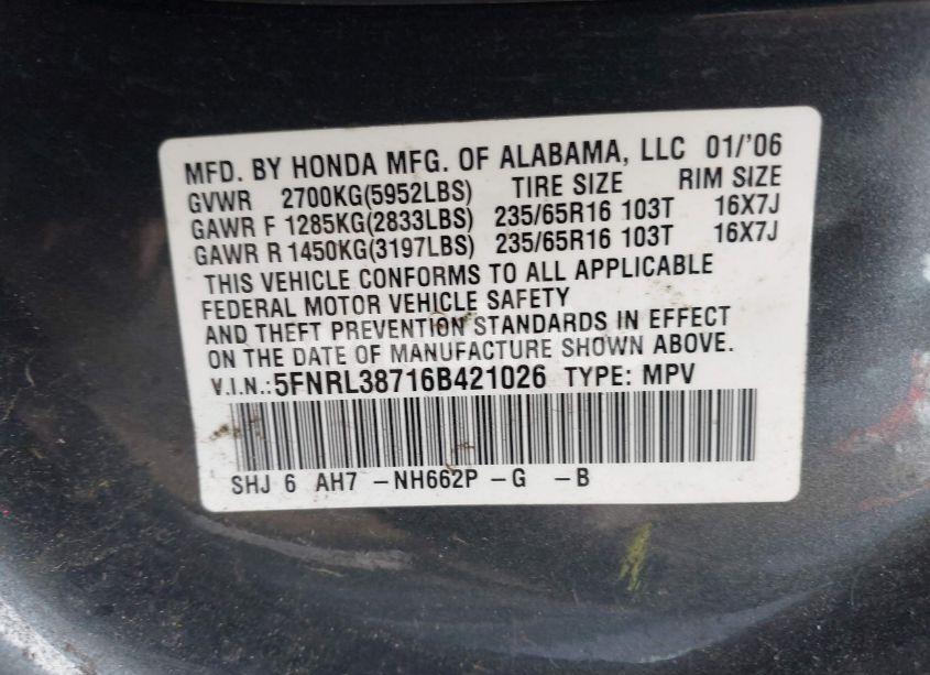 Photo 9 of 2006 Honda Odyssey EX-L (VIN 5FNRL38716B421026)