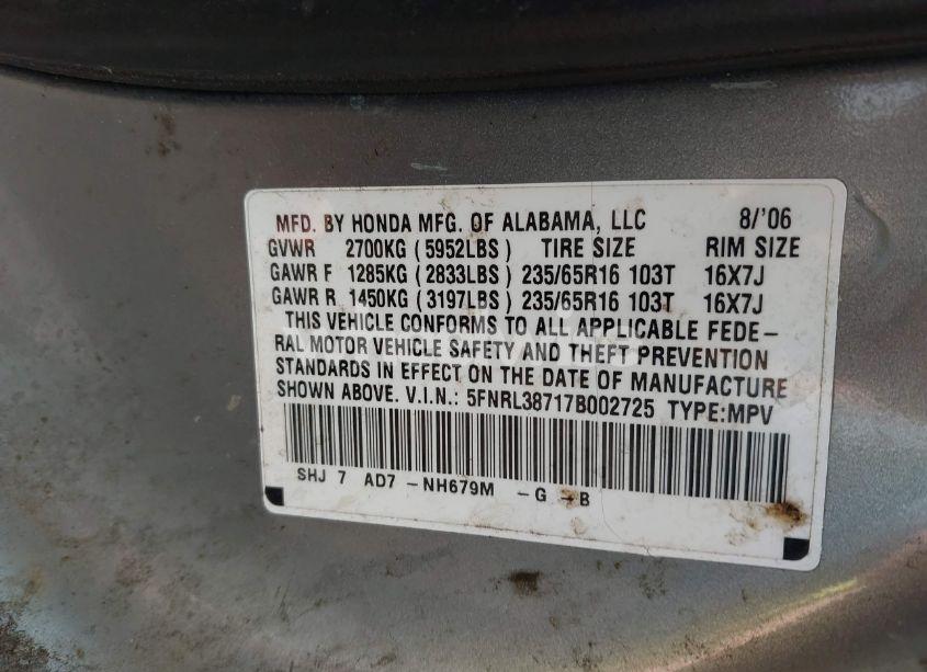 Photo 9 of 2007 Honda Odyssey EX-L (VIN 5FNRL38717B002725)