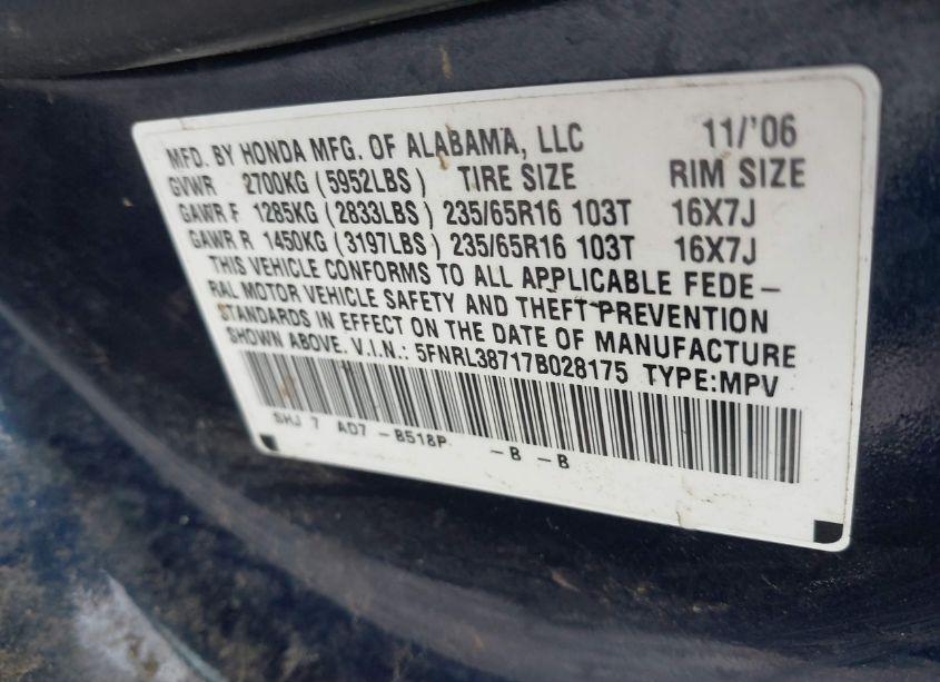 Photo 9 of 2007 Honda Odyssey EX-L (VIN 5FNRL38717B028175)