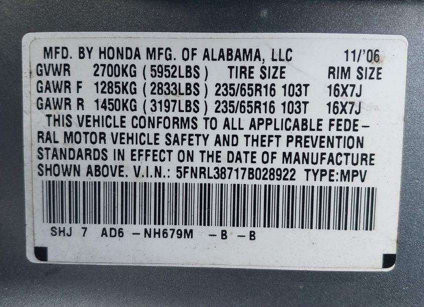 Photo 9 of 2007 Honda Odyssey EX-L (VIN 5FNRL38717B028922)