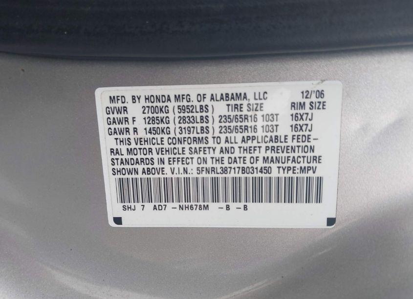 Photo 9 of 2007 Honda Odyssey EX-L (VIN 5FNRL38717B031450)