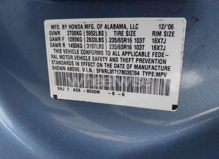 Photo 9 of 2007 Honda Odyssey EX-L (VIN 5FNRL38717B035384)