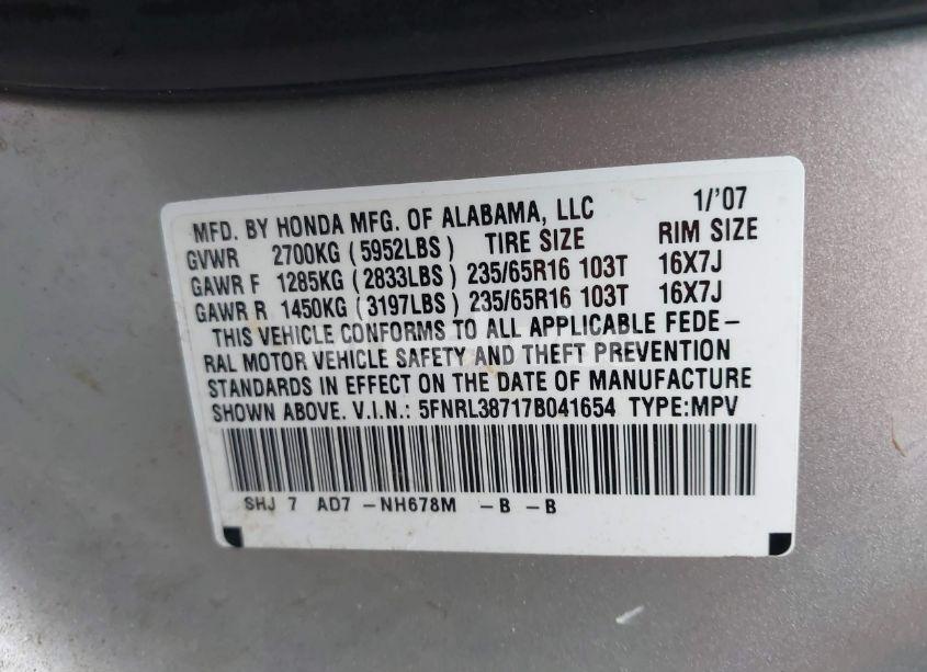 Photo 9 of 2007 Honda Odyssey EX-L (VIN 5FNRL38717B041654)