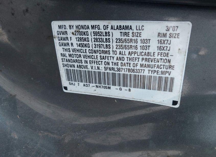 Photo 9 of 2007 Honda Odyssey EX-L (VIN 5FNRL38717B063377)