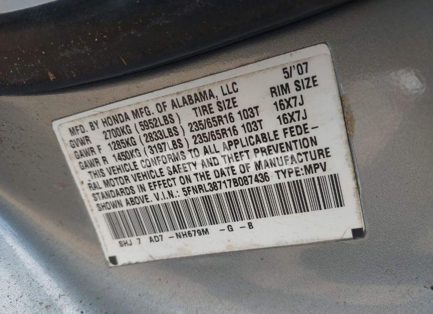 Photo 9 of 2007 Honda Odyssey EX-L (VIN 5FNRL38717B087436)