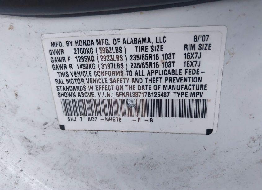 Photo 9 of 2007 Honda Odyssey EX-L (VIN 5FNRL38717B125487)