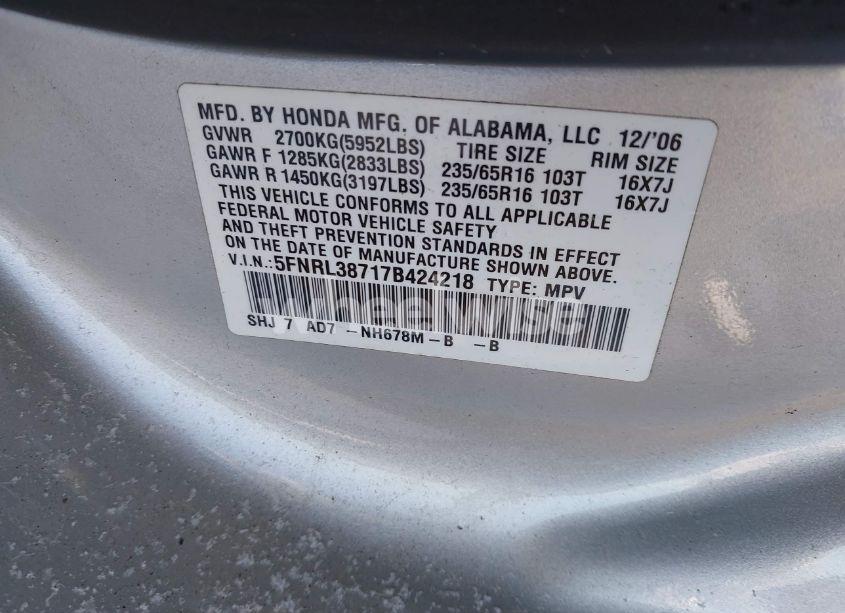 Photo 9 of 2007 Honda Odyssey EX-L (VIN 5FNRL38717B424218)