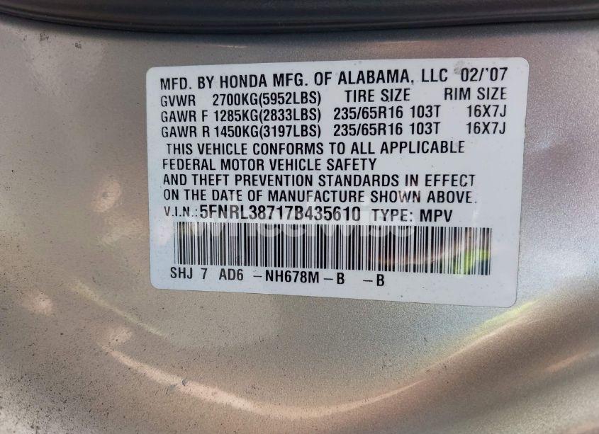 Photo 9 of 2007 Honda Odyssey EX-L (VIN 5FNRL38717B435610)