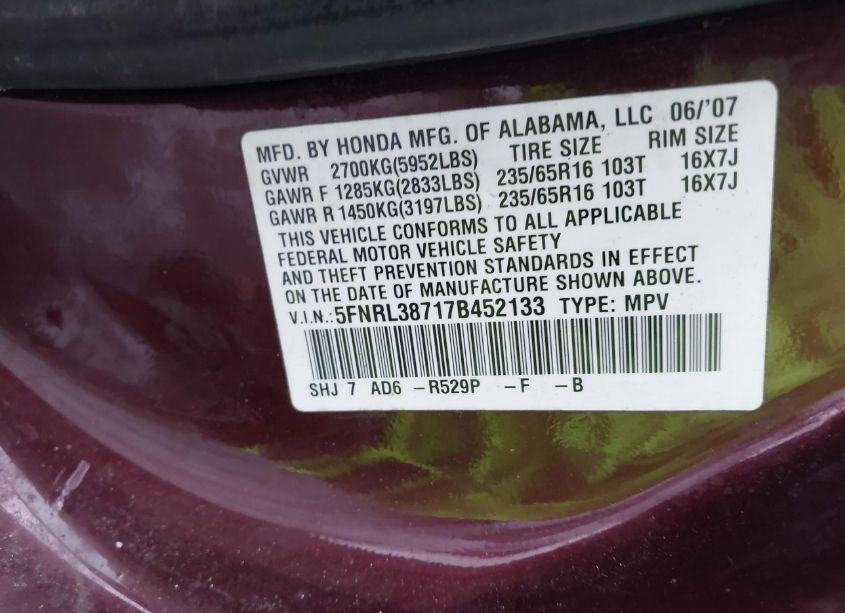 Photo 9 of 2007 Honda Odyssey EX-L (VIN 5FNRL38717B452133)