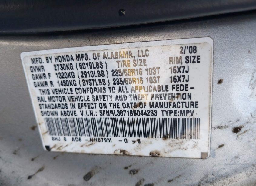 Photo 9 of 2008 Honda Odyssey EX-L (VIN 5FNRL38718B044233)