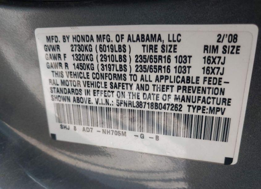 Photo 9 of 2008 Honda Odyssey EX-L (VIN 5FNRL38718B047262)