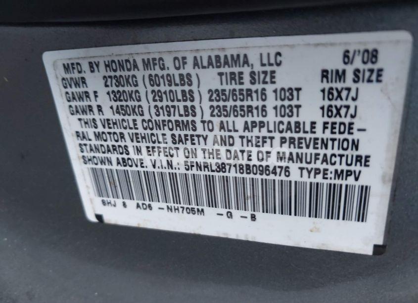 Photo 9 of 2008 Honda Odyssey EX-L (VIN 5FNRL38718B096476)