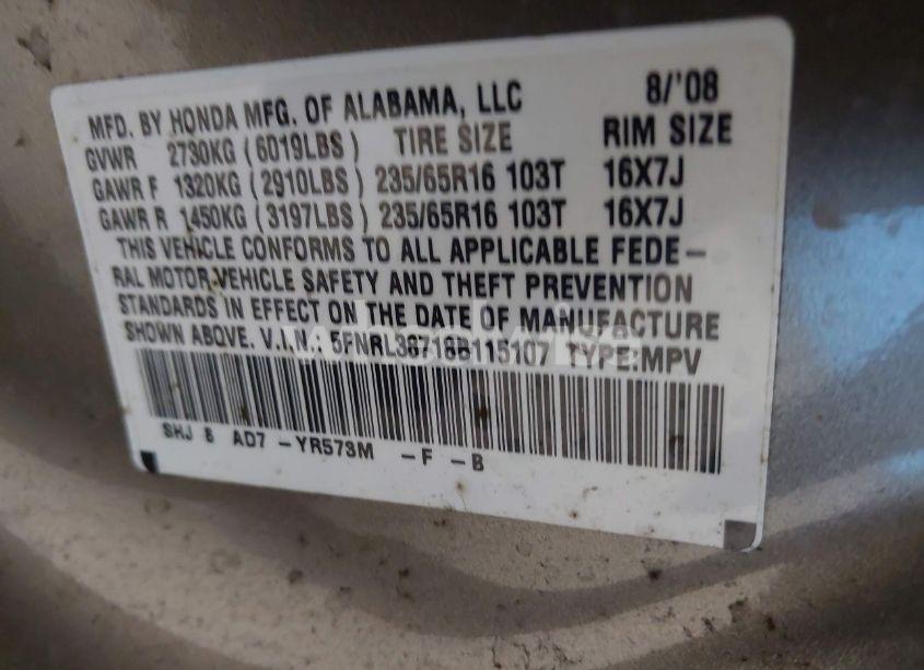 Photo 9 of 2008 Honda Odyssey EX-L (VIN 5FNRL38718B115107)