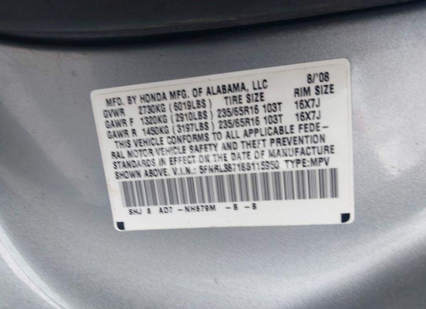 Photo 9 of 2008 Honda Odyssey EX-L (VIN 5FNRL38718B115950)