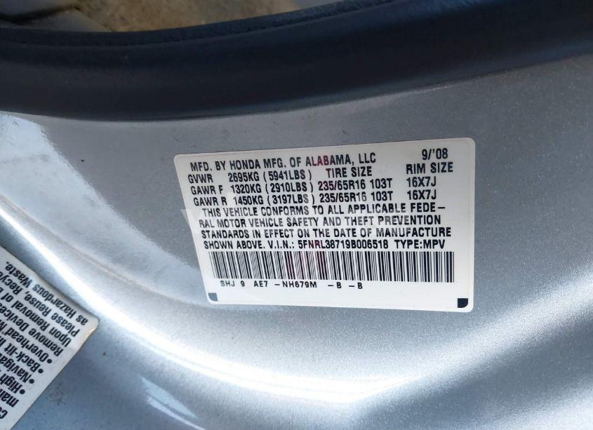 Photo 9 of 2009 Honda Odyssey EX-L (VIN 5FNRL38719B006518)