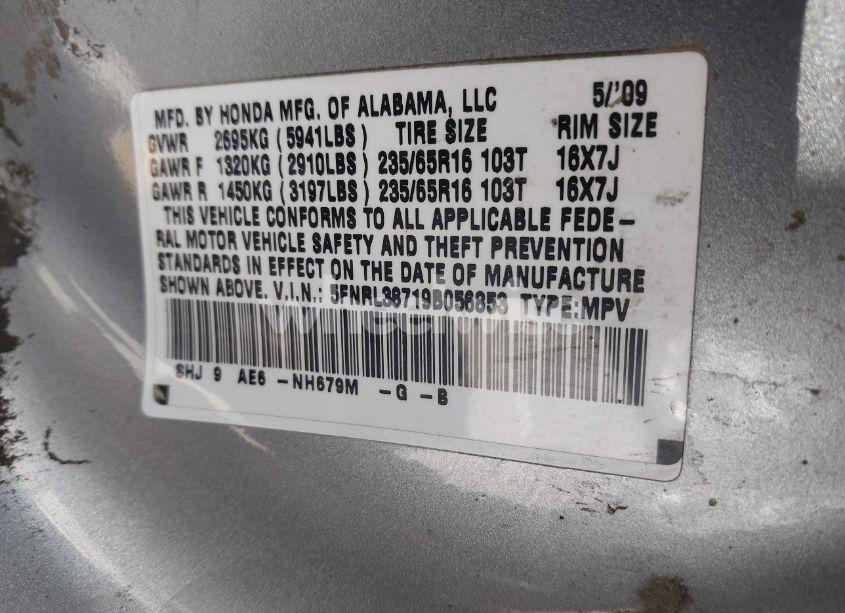 Photo 9 of 2009 Honda Odyssey EX-L (VIN 5FNRL38719B056853)