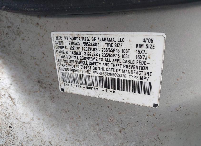 Photo 9 of 2005 Honda Odyssey EX-L (VIN 5FNRL38725B092478)