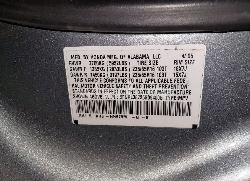 Photo 9 of 2005 Honda Odyssey EX-L (VIN 5FNRL38725B094005)