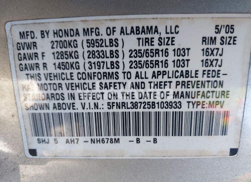 Photo 9 of 2005 Honda Odyssey EX-L (VIN 5FNRL38725B103933)