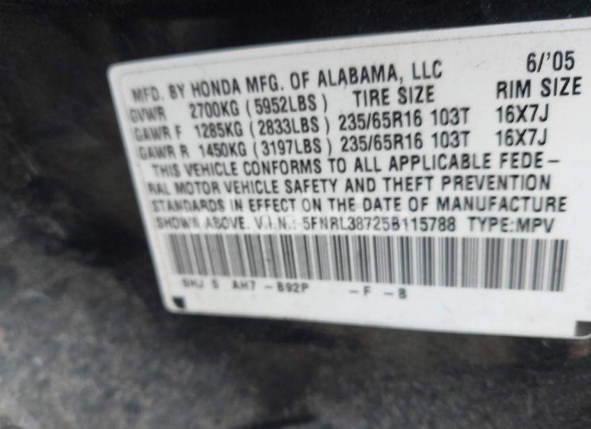 Photo 9 of 2005 Honda Odyssey EX-L (VIN 5FNRL38725B115788)