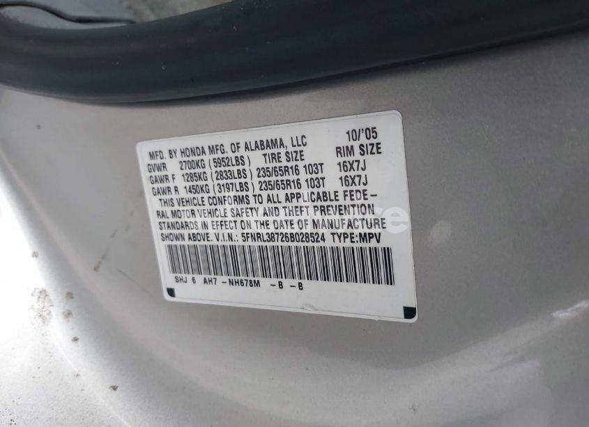 Photo 9 of 2006 Honda Odyssey EX-L (VIN 5FNRL38726B028524)