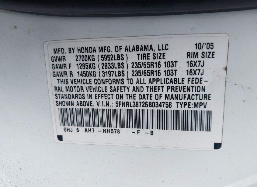 Photo 9 of 2006 Honda Odyssey EX-L (VIN 5FNRL38726B034758)