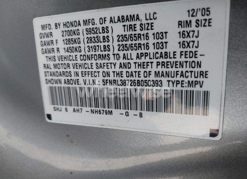 Photo 9 of 2006 Honda Odyssey EX-L (VIN 5FNRL38726B050393)